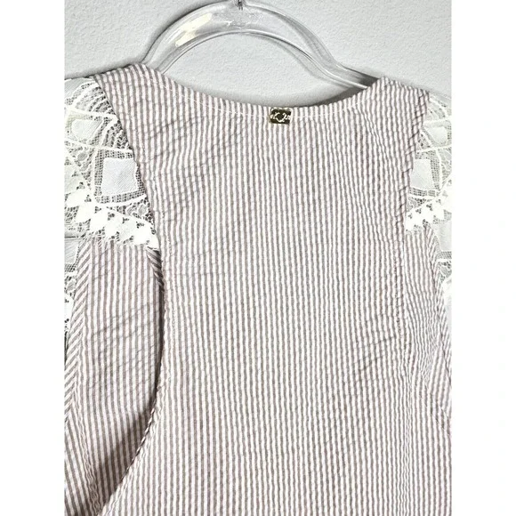 For Love & Lemons Emmy Sleep Romper Brown Seersucker and Lace Size Small - Picture 15 of 16